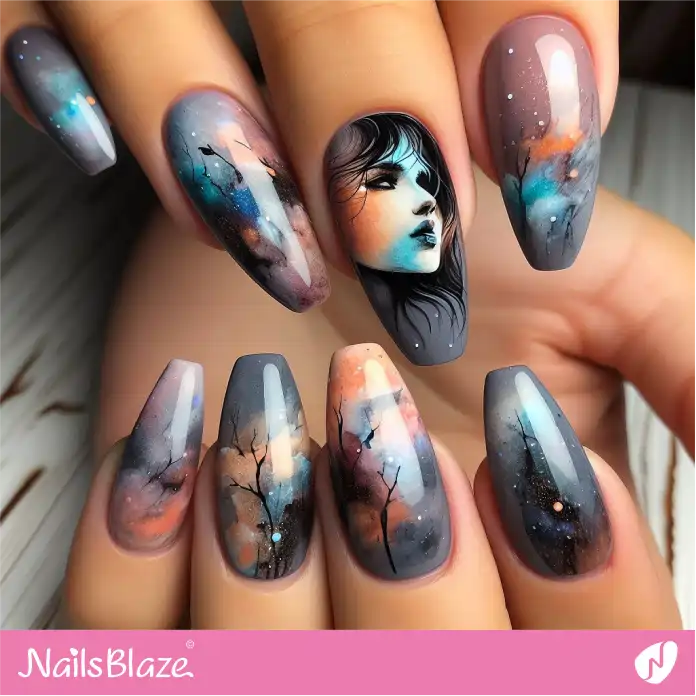 Abstract Watercolor Nails with Portrait Design | Paint Nail Art - NB2222